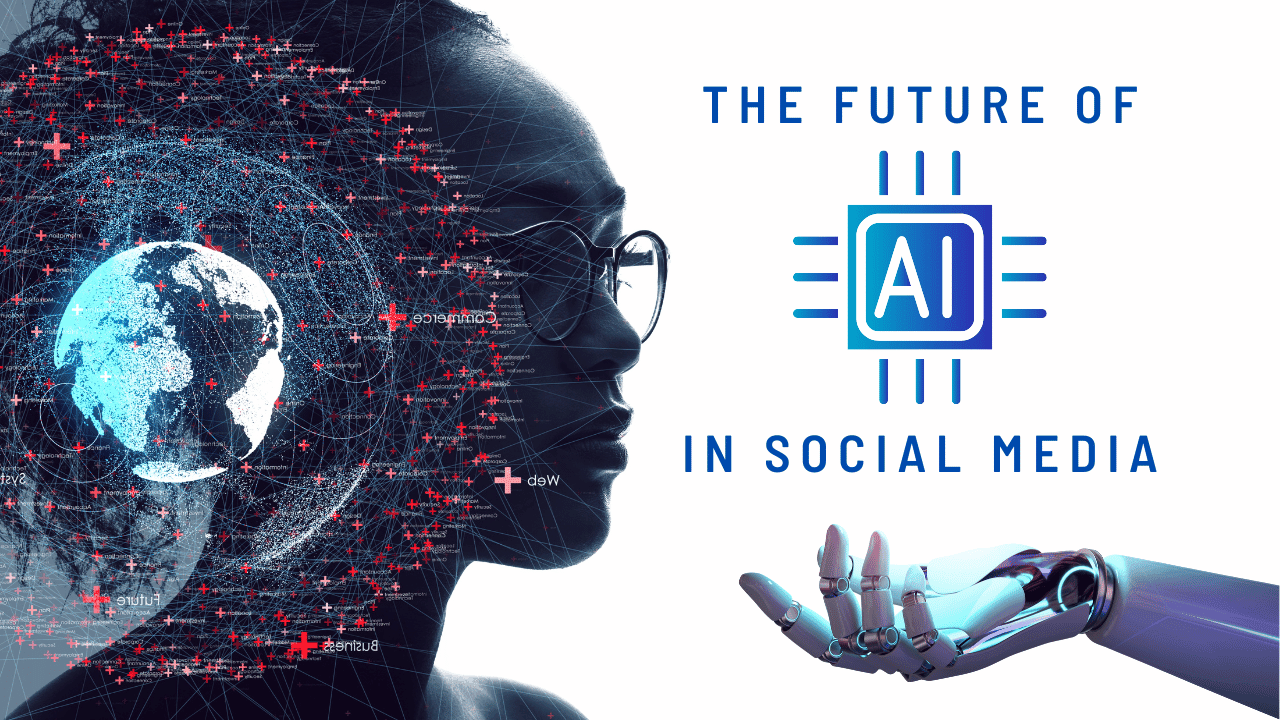 Graphic with the words "the future of AI in social media" typed out, with a silhouette on it.